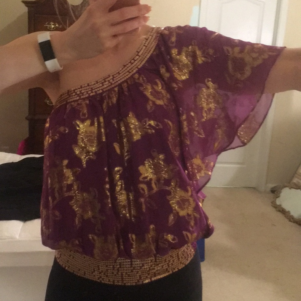 Y2K BeBe Silk Purple & Metallic Gold Floral & Sequin Going Out Top